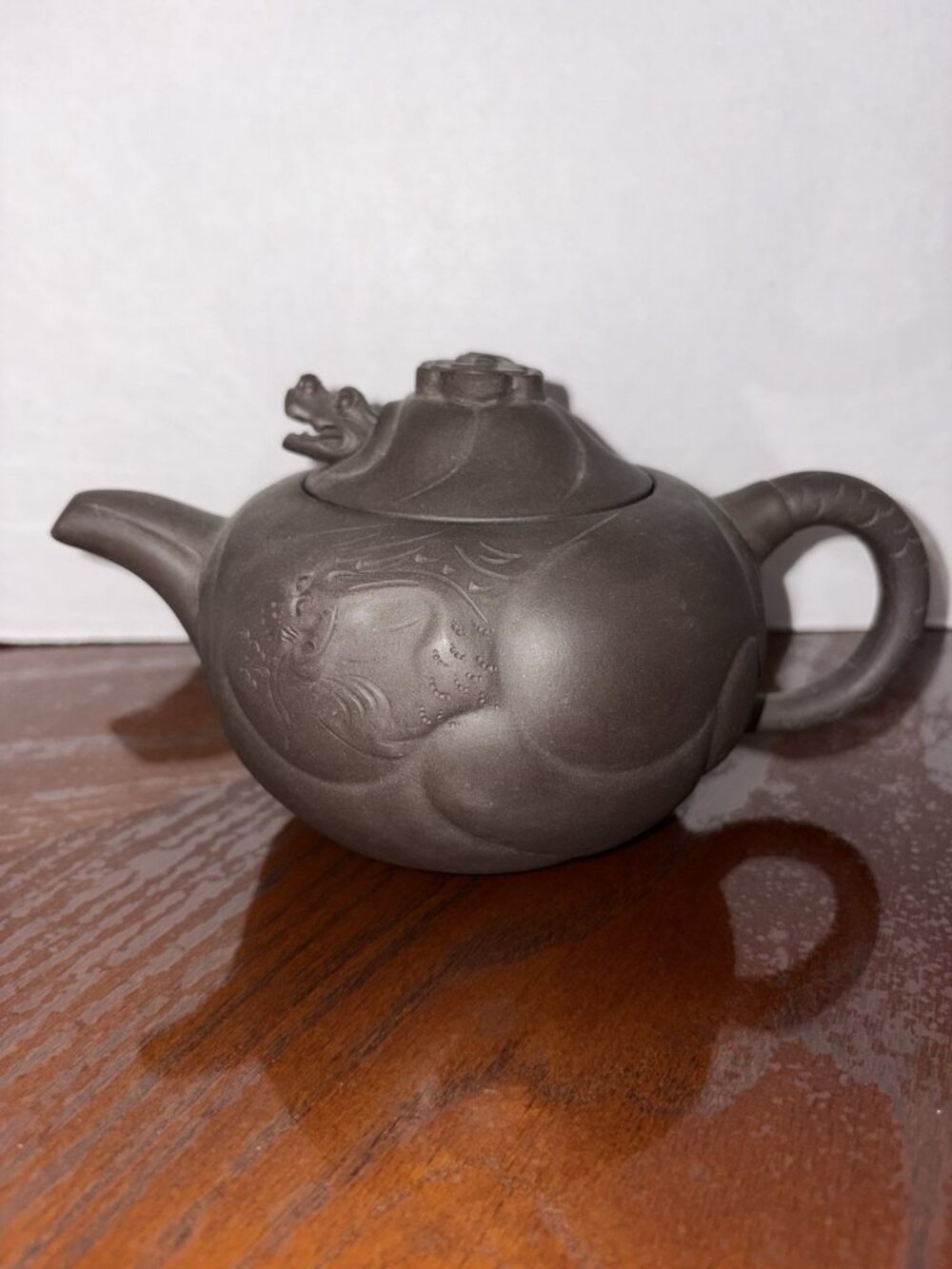 Vintage Chinese Yixing Zisha Clay Teapot Dragon Head Koi Stamped Signature